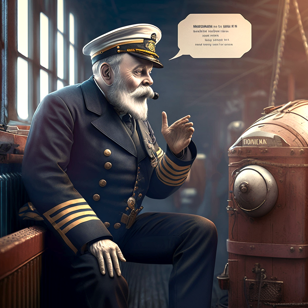 Midjourney: The Captain of the Titanic talking to a Chatbot