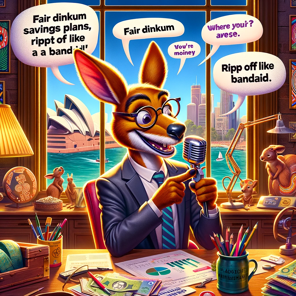 Dalle: Aussie LLM depicted as kangaroo talking about money with Aussie slang and analogies