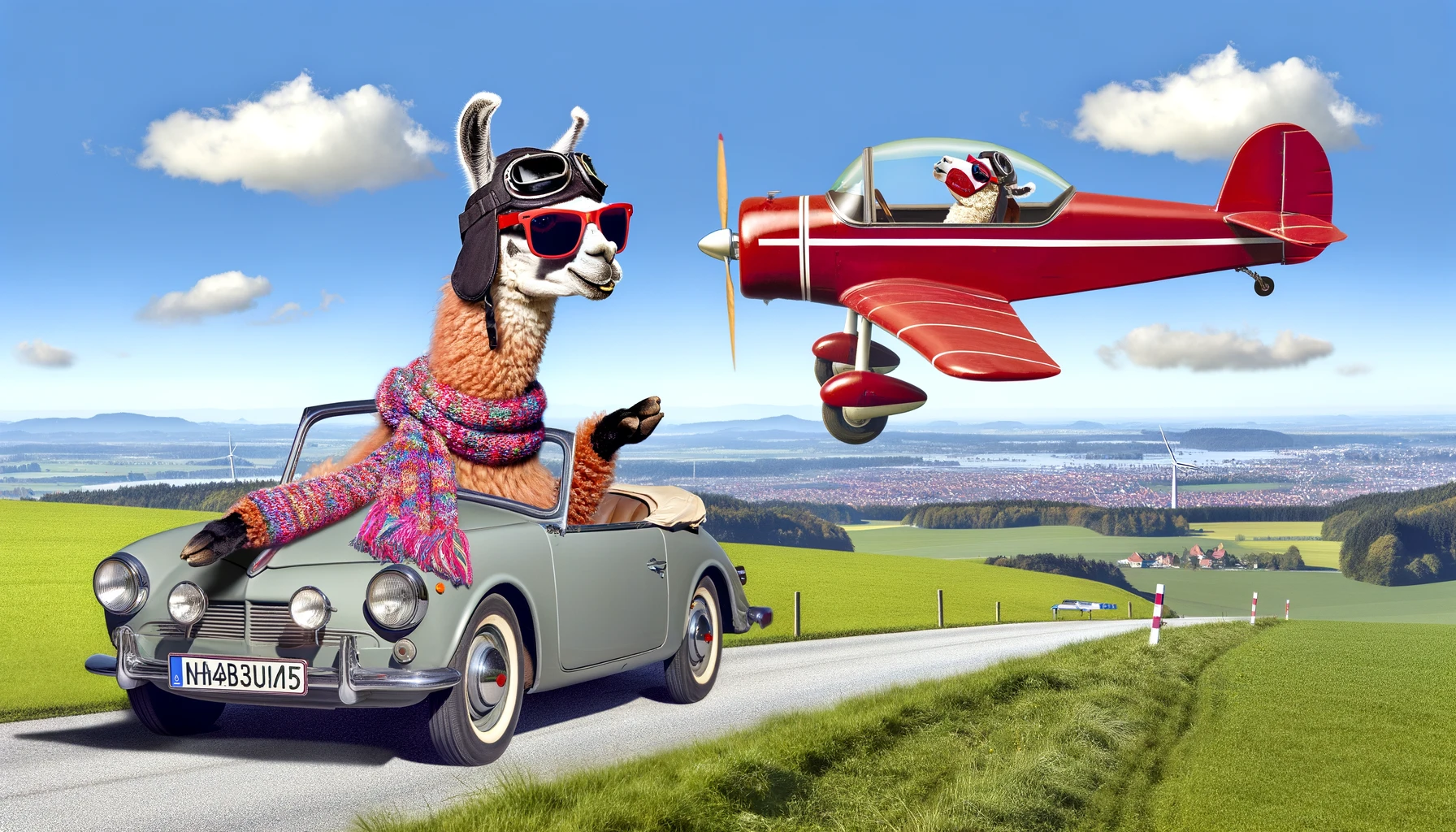 Dalle: A llama driving a car and another llama flying a plane on the road from Hamburg to Munich