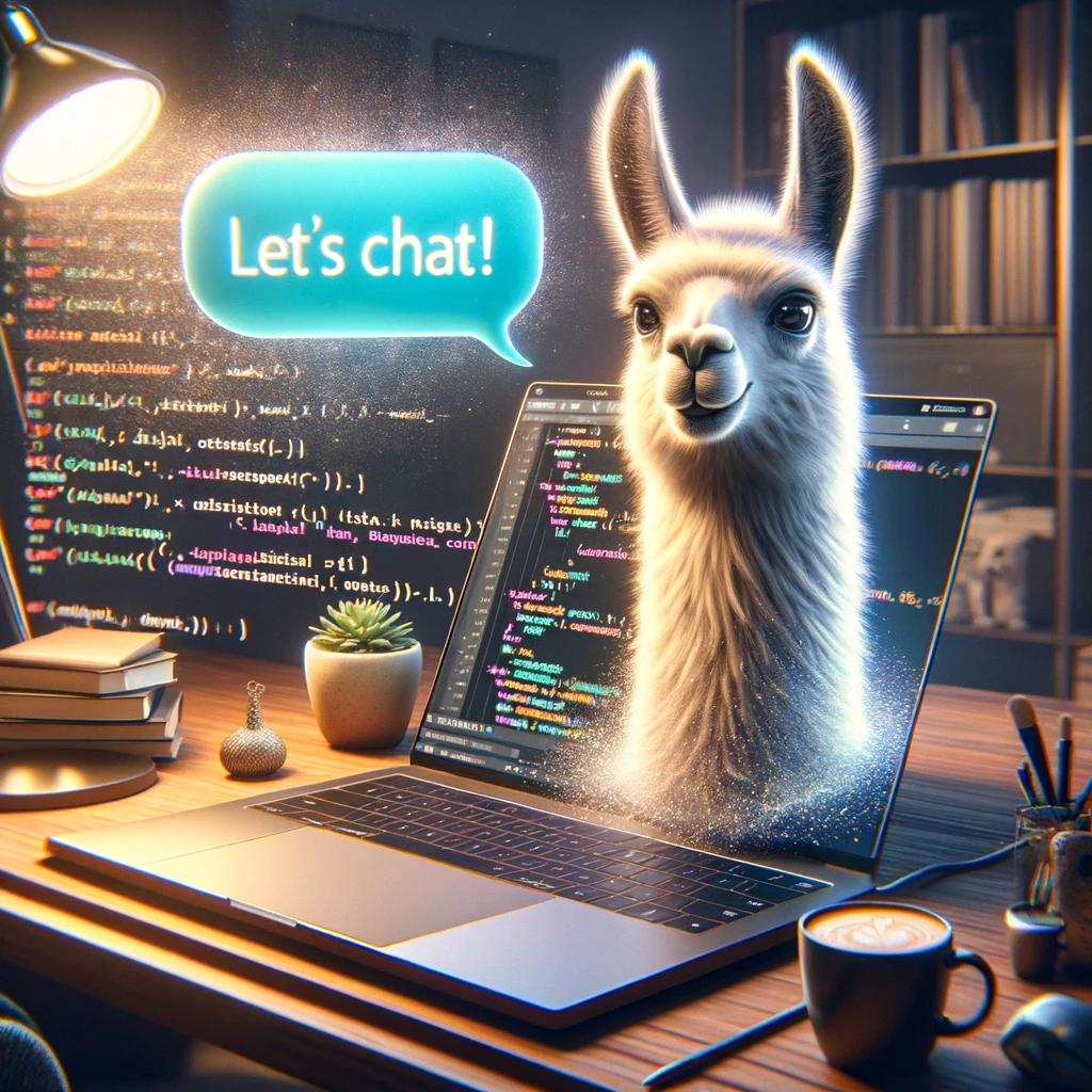 Dalle: A clean developer's desk with a laptop. A friendly llama peeking out of the screen wanting. Insert a 'Let's chat!'-speech bubble to chat with the spectator of the image.