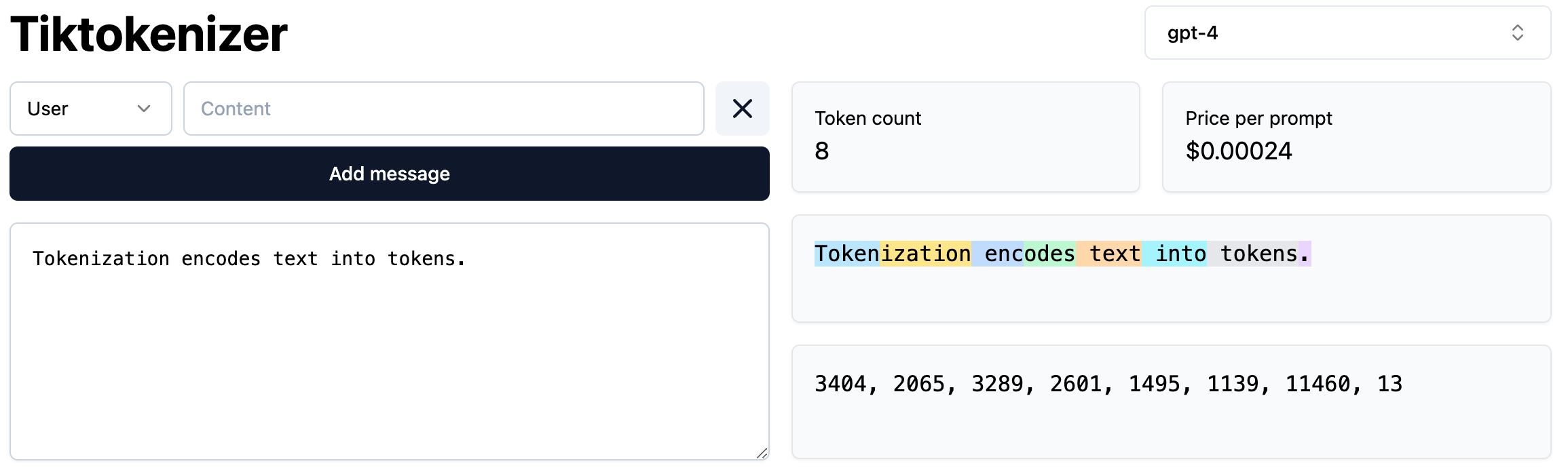 Tokenization illustrated via Tiktokenizer