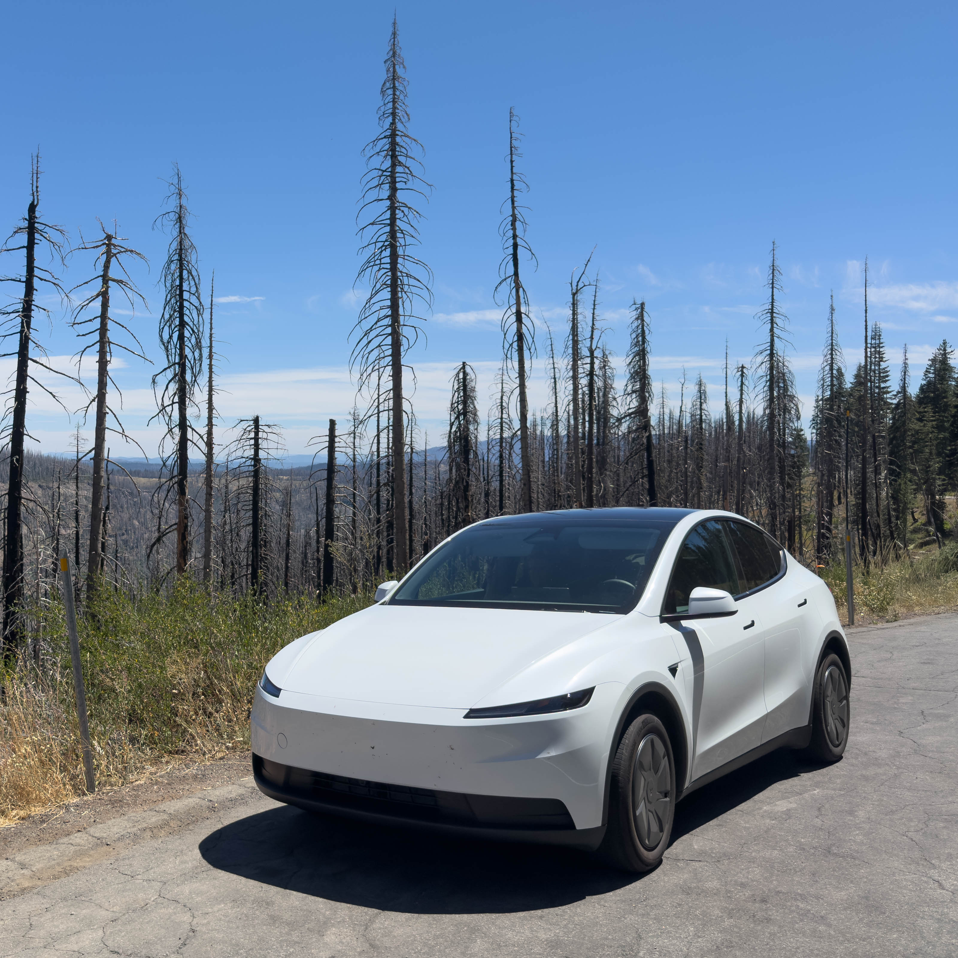 Our Tesla Model Y parked in Lassen Volcanic National Park