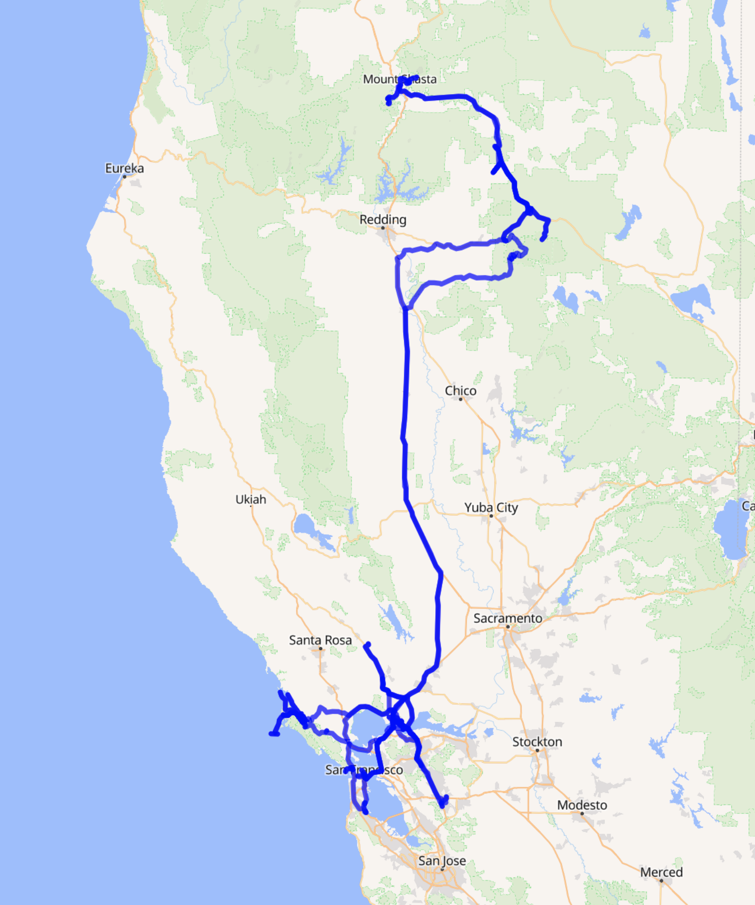 A map of our trip route around the Bay Area and north through Lassen Volcanic National Park to Mount Shasta